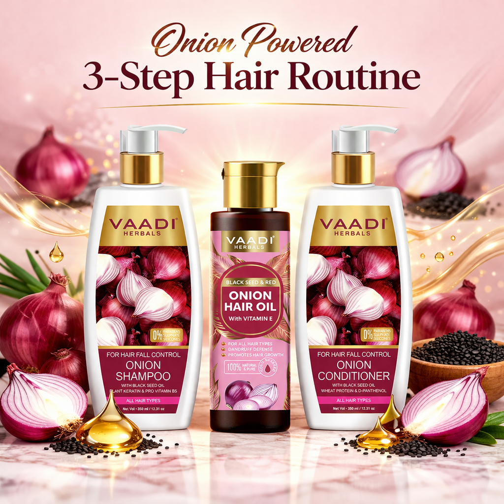 Organic Onion Hair Rescue Routine Pack -  Onion Shampoo (350 ml), Onion Conditioner (350 ml) & Onion Hair Oil (120 ml)