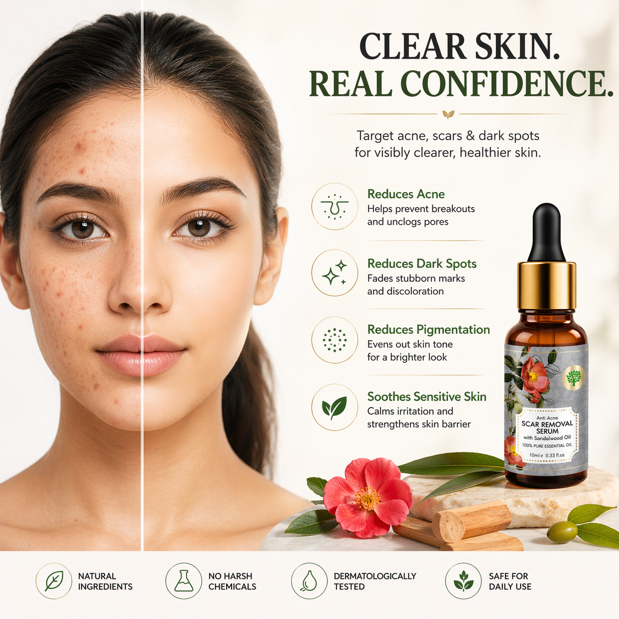 Scar Removal Serum (Pure Mix of Sandalwood Oil, Steam Distilled Neem & Fenugreek Extract) - Reduces Acne, Dark Spots & Pigmentation (Pack of 2 x 10 ml)