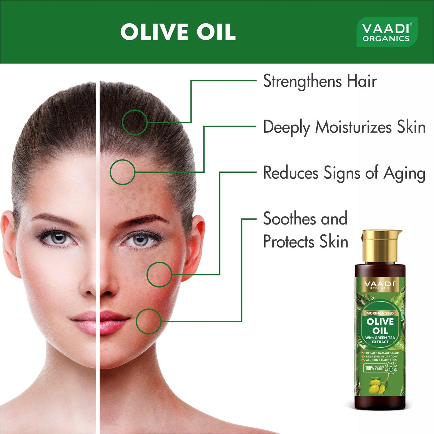 Cold Pressed Moringa Seed Olive Oil with Green Tea Extract- Repairs Damaged Hair-Deep Moisturisation -Skin Hydrating-Strengthens Hair -For All Types of Skin & Hair-120ml