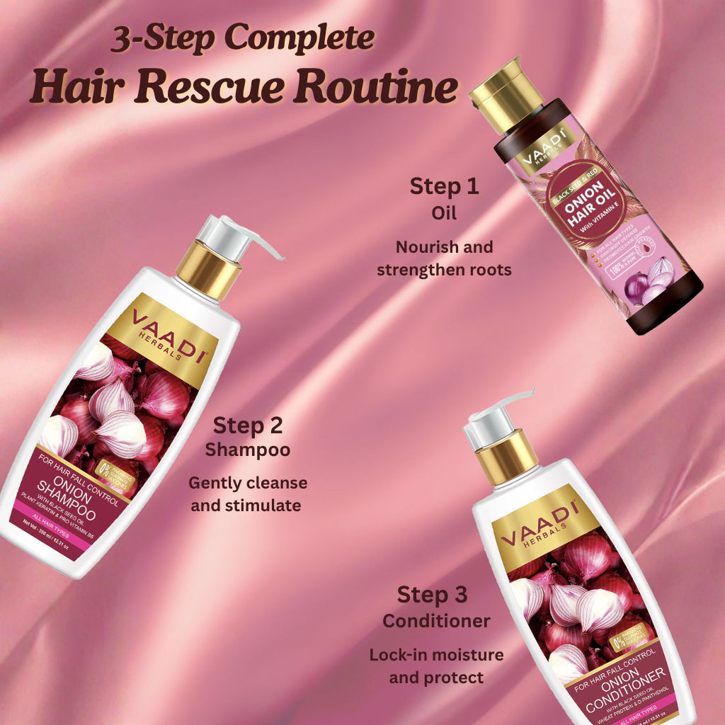 Organic Onion Hair Rescue Routine Pack -  Onion Shampoo (350 ml), Onion Conditioner (350 ml) & Onion Hair Oil (120 ml)