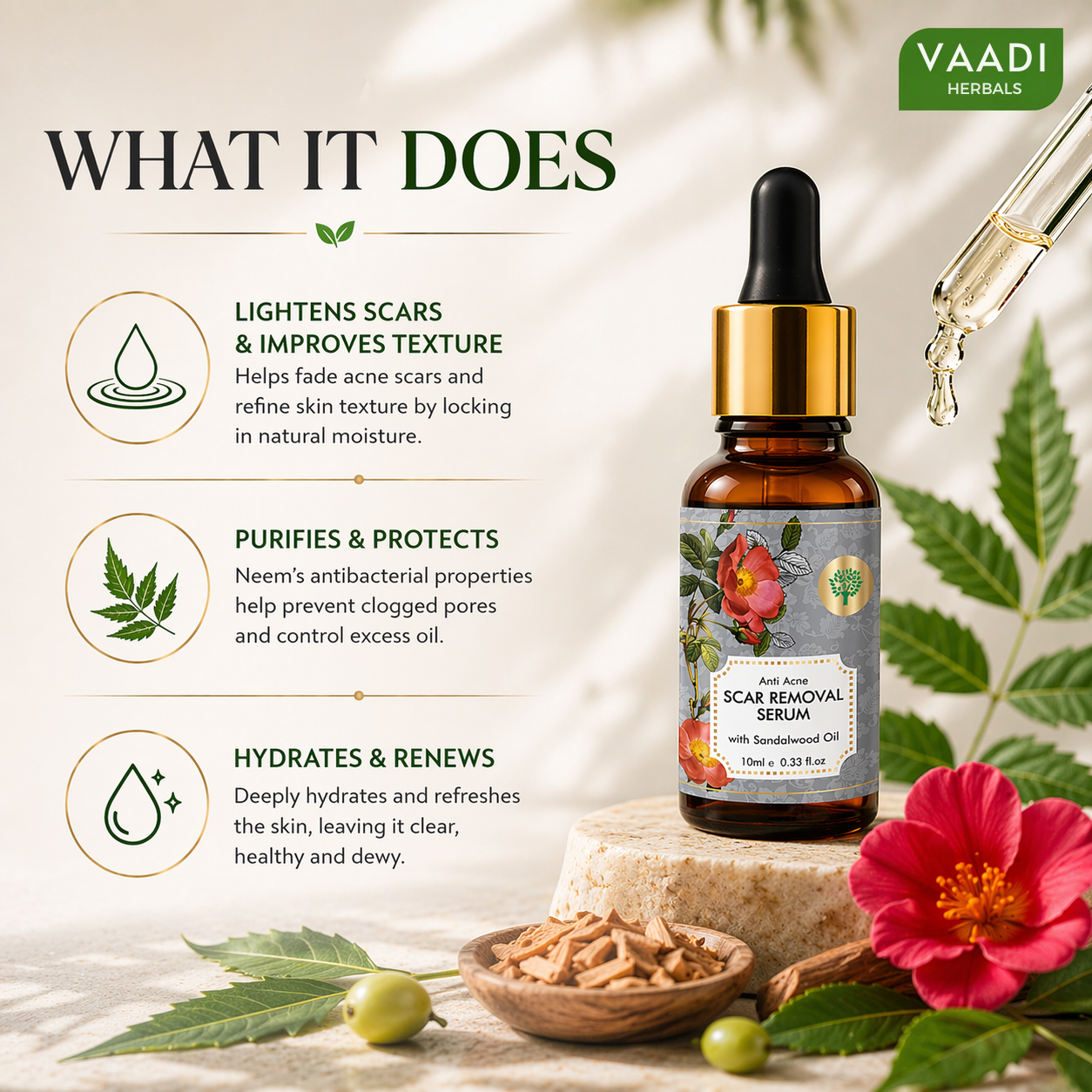 Scar Removal Serum (Pure Mix of Sandalwood Oil, Steam Distilled Neem & Fenugreek Extract) - Reduces Acne, Dark Spots & Pigmentation (Pack of 2 x 10 ml)